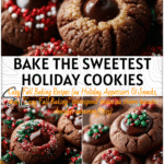 Plate of Chocolate Thumbprint Cookies decorated with chocolate centers and festive sprinkles for Christmas Baking.